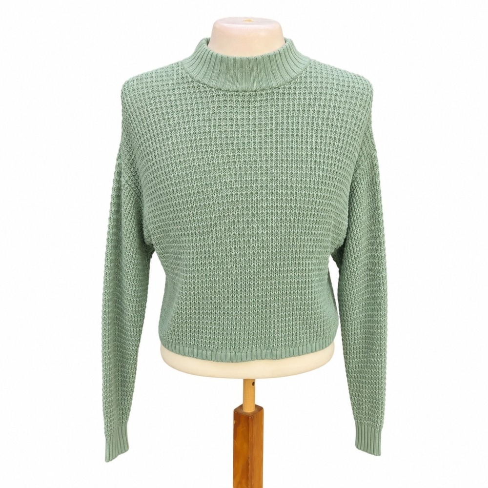 Hollister Waffle Knit Sweater Women's Small Sage Green Mock Neck Cropped Pullove
